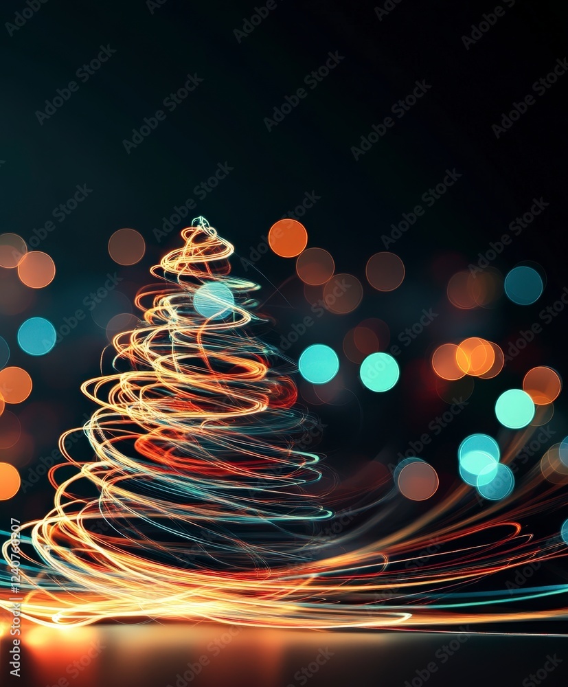 Poster abstract light trails forming a christmas tree with bokeh effect