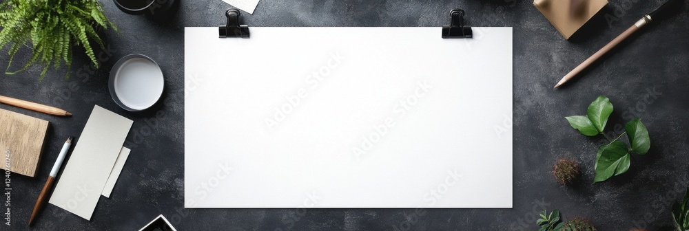 Poster creative workspace setup featuring empty space for text and various stationery items on a textured s