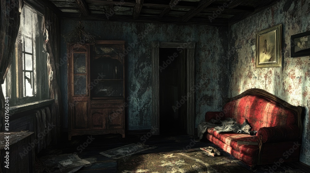 Poster a hauntingly dilapidated room with cracked walls and a faded appearance, creating a somber and negle