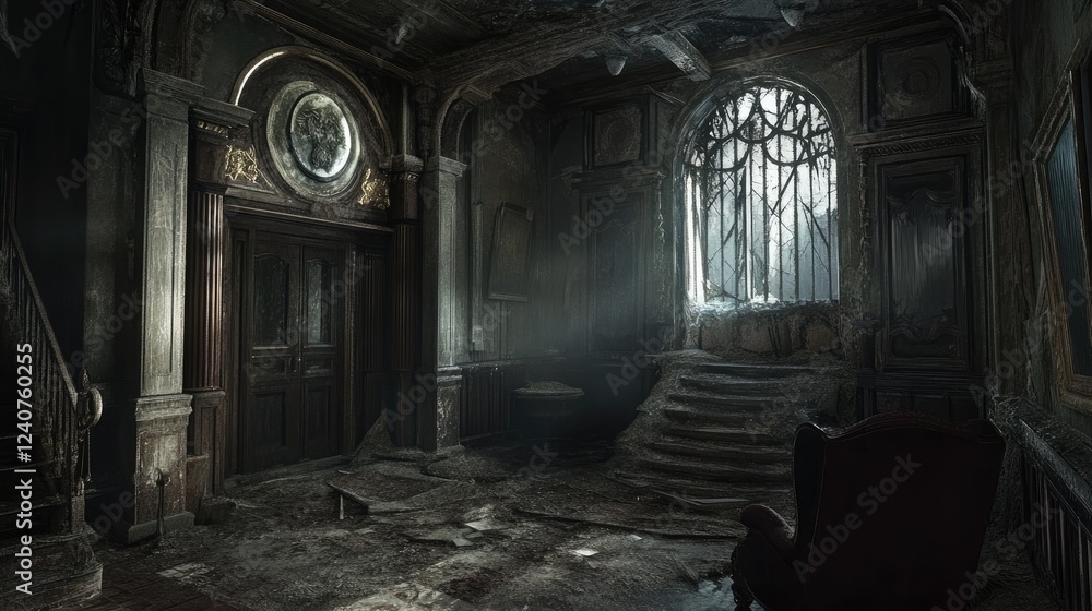 Poster a hauntingly dilapidated room with cracked walls and a faded appearance, creating a somber and negle