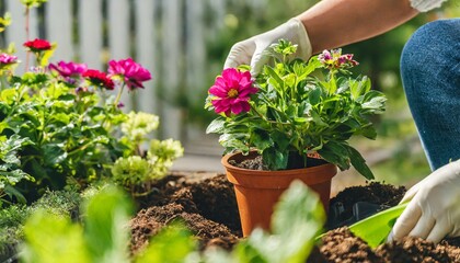  A woman planting flowers in a beautiful home garden, fresh green plants around, gardening to.
