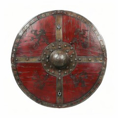 Naklejka premium Ancient red shield with intricate designs.