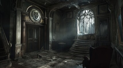 A hauntingly dilapidated room with cracked walls and a faded appearance, creating a somber and neglected atmosphere.