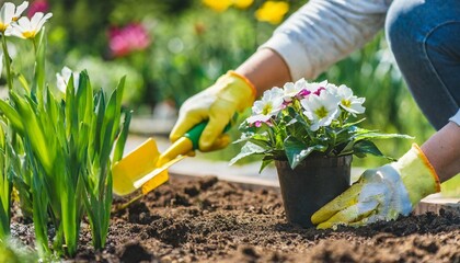  A woman planting flowers in a beautiful home garden, fresh green plants around, gardening to.
