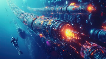 Massive fiber optic cable being laid from an industrial ship into deep ocean waters, bioluminescent sea creatures swimming nearby, illustration