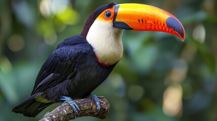 Fototapeta premium A vibrant toucan perches on a branch, showcasing its striking multicolored beak against a lush green background.