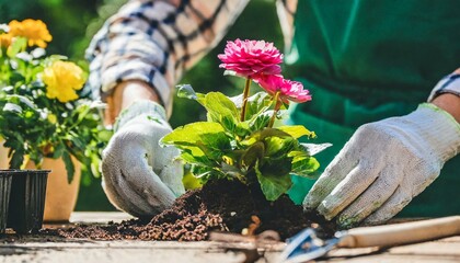  A woman planting flowers in a beautiful home garden, fresh green plants around, gardening to.