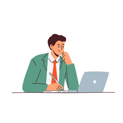 A businessman thoughtfully jots notes while working on his laptop