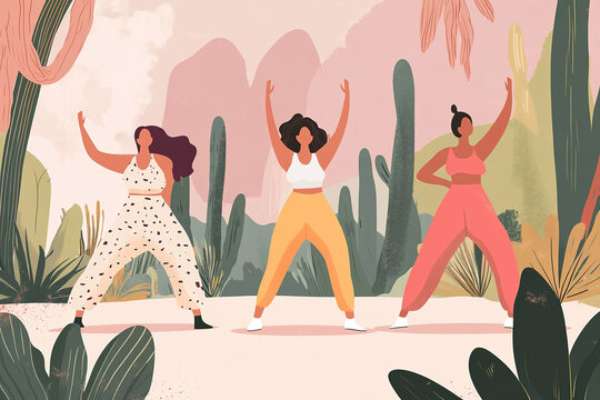 Women engaging in energetic workout in a vibrant desert landscape surrounded by cacti during a sunny day