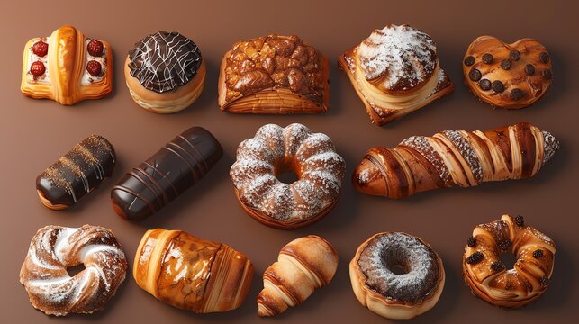 A variety of freshly baked pastries, including croissants, donuts, and bread. - Powered by Adobe