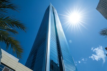 Obraz premium Modern skyscraper with blue sky and sun flare