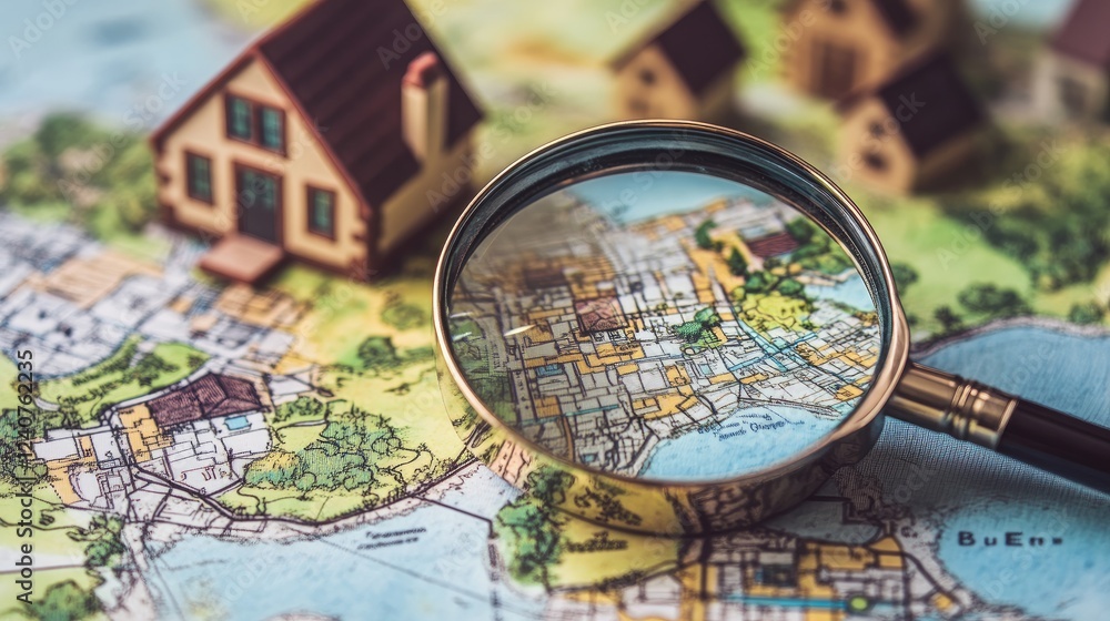 Poster a magnifying glass focused on a map, pinpointing a house, symbolizing the search for a new home and 