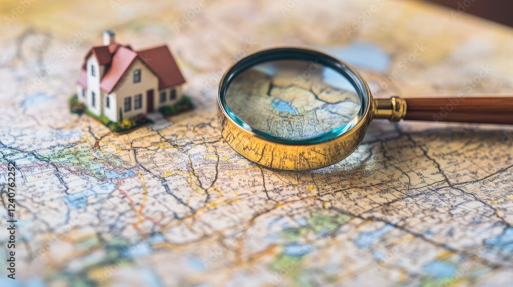 Poster a magnifying glass on a map, focused on a house, illustrating the journey of finding a perfect home 