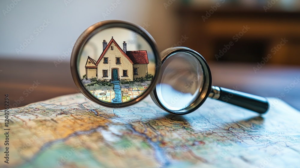 Poster a magnifying glass on a map, focused on a house, illustrating the journey of finding a perfect home 