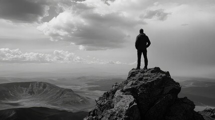 Fototapeta premium A man silhouetted atop a rugged mountain, looking out over vast landscapes, evoking a sense of solitude, strength, and freedom.
