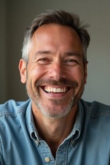 Smiling middle-aged man with salt-and-pepper hair wearing a denim shirt
