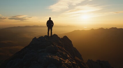 A man silhouette on a mountain peak with a breathtaking view of the horizon, capturing the essence of adventure and personal triumph.