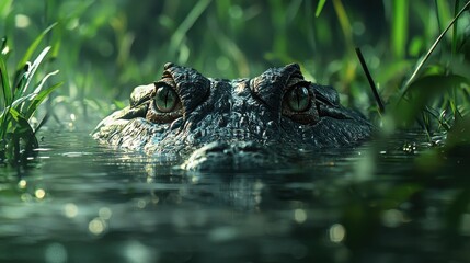 Fototapeta premium A close-up of a crocodile's eyes peeking above the water, surrounded by lush green grass, showcasing its camouflaged presence in a natural habitat.