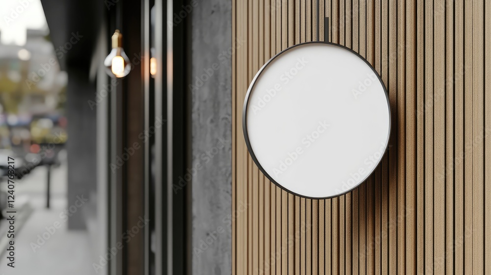 Poster a minimalistic round signboard mockup with a white background, hanging from a wooden storefront, off