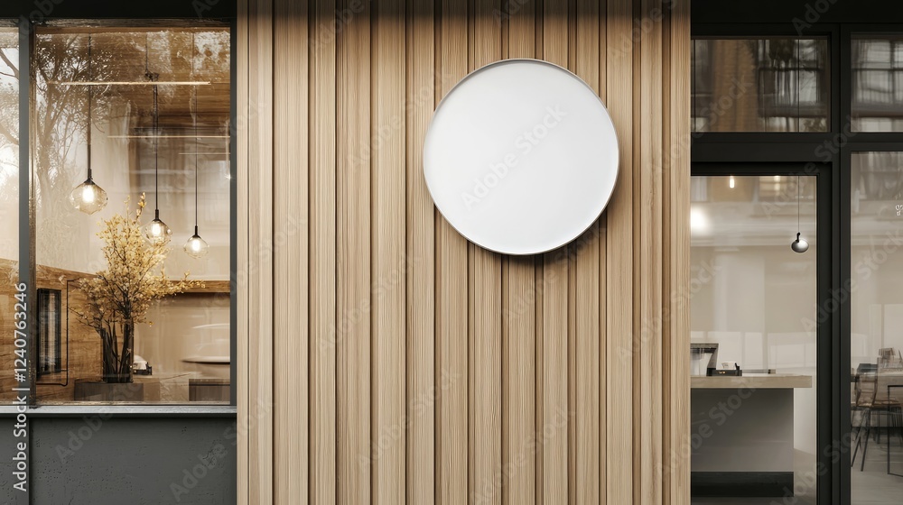 Aufkleber a minimalistic round signboard mockup with a white background, hanging from a wooden storefront, off