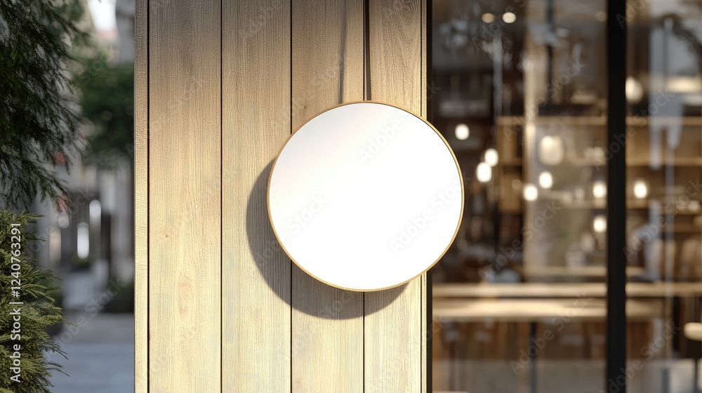 Poster a minimalistic round signboard mockup with a white background, hanging from a wooden storefront, off