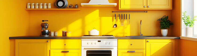 Sunny Yellow Kitchen, Modern Design with Appliances & Utensils, Brightly Lit, Cheerful Ambiance