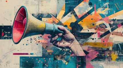 A modern art collage showcasing a hand holding megaphones, symbolizing the rapid spread of misinformation in an abstract digital world.