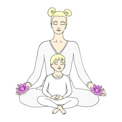 The boy and his mother sit and meditate with their eyes closed.