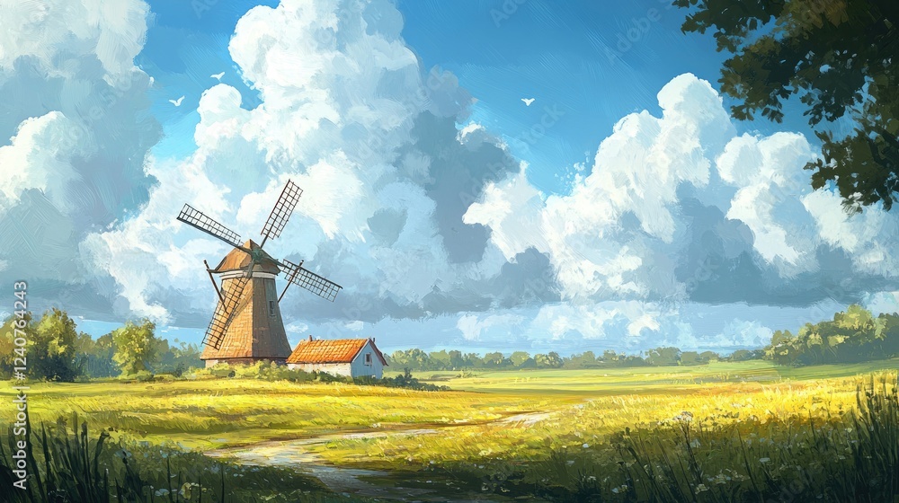 Poster a modern wind turbine dwarfs a classic windmill in the foreground, framed by vast, rolling fields un