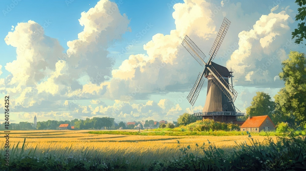 Poster A modern wind turbine dwarfs a classic windmill in the foreground, framed by vast, rolling fields under an open sky.