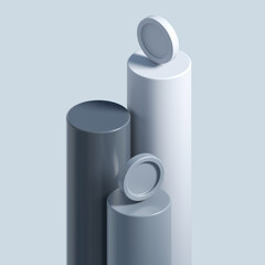 3d rendering of cylinders with coins. stylized simple 3d illustration for business and finance