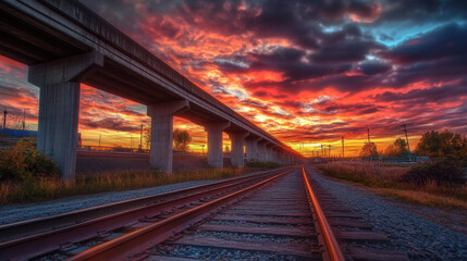 Sunset over railway tracks dramatic sky vibrant clouds travel adventure industrial landscape road journey dusk train path transportation © Muhammad