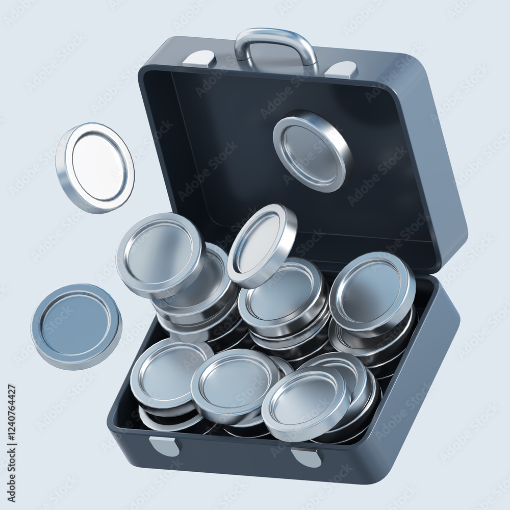 Aufkleber 3d rendering of suitcase with stack of flying coins. stylized simple 3d illustration for business an