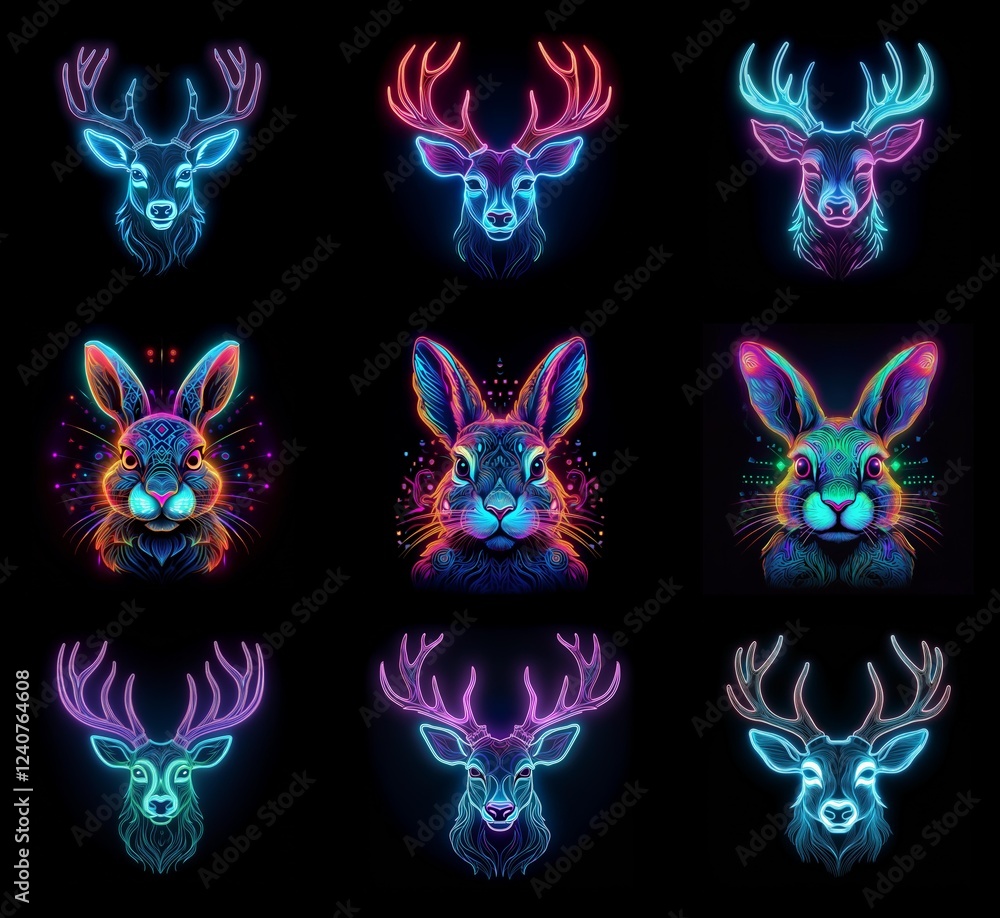 Aufkleber neon-lit animal portraits: vibrant deer and rabbit heads in a grid, showcasing colorful glowing line