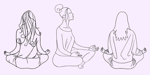Line drawing. Three women meditate in the lotus position from different angles