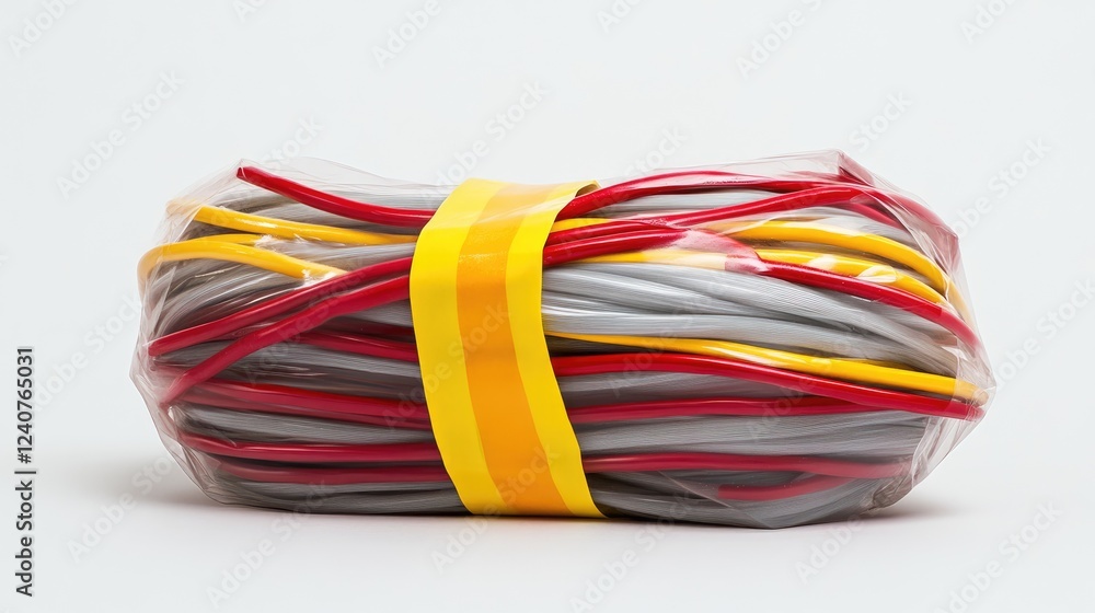 Poster a neat bundle of electrical wires, securely insulated with red and yellow electrical tape, ready for