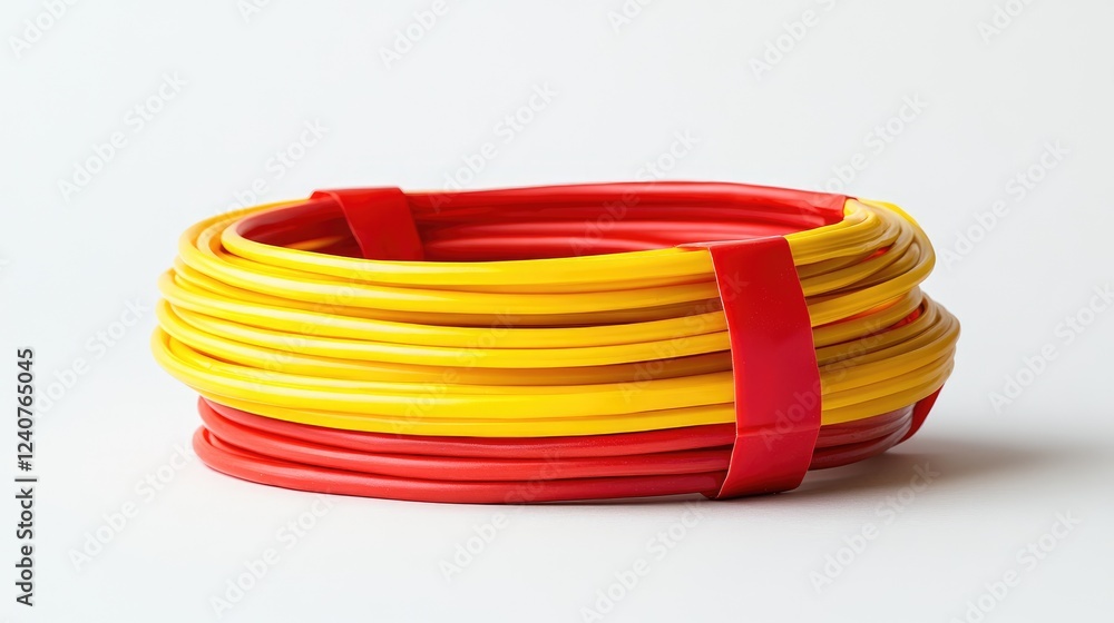 Poster a neat bundle of electrical wires, securely insulated with red and yellow electrical tape, ready for