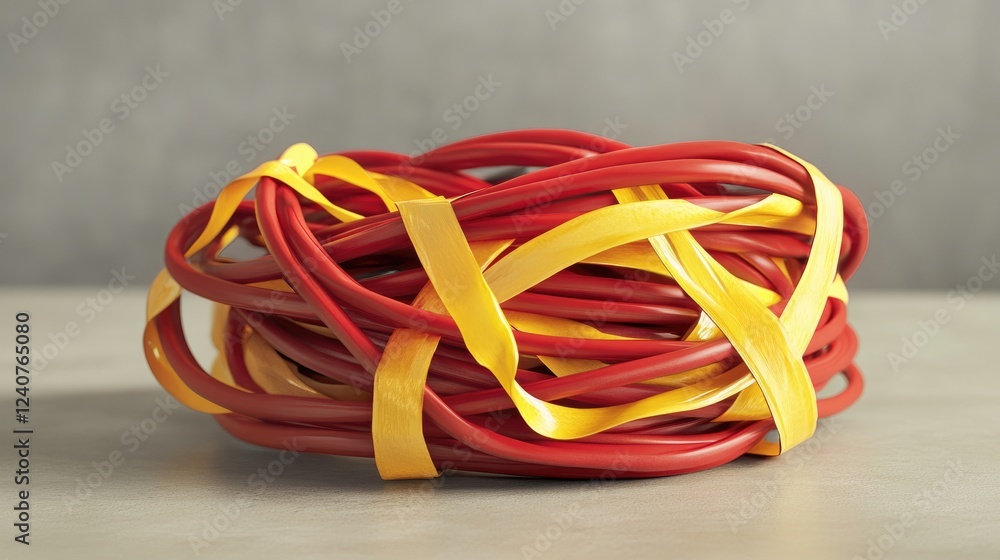 Poster a neat bundle of electrical wires, securely insulated with red and yellow electrical tape, ready for