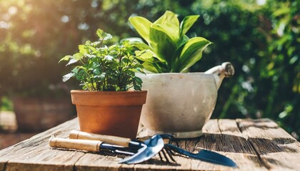  A wooden table with potted plants and gardening tools, rustic and cozy backyard setting