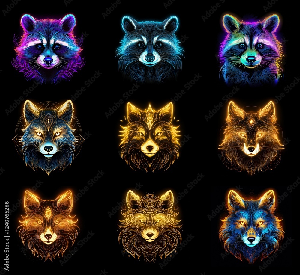 Poster nine vibrant neon animal portraits: three raccoons and six foxes. each creature glows with unique co