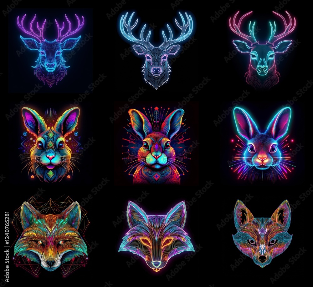 Poster nine vibrant neon animal portraits: deer and rabbits in variations of color and style, complemented 