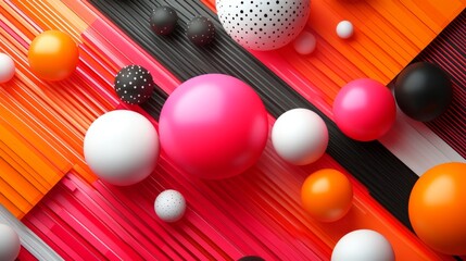 Naklejka premium Abstract 3D Rendering Of Colorful Spheres Arranged On Vibrant Striped Background. It Symbolizes Dynamism, Energy, And Playful Creativity.