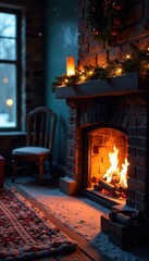 Warm fireplace crackles softly on snowy Christmas Eve, christmas, lights
