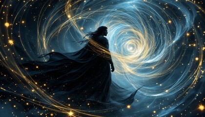 Mystical Figure in Cosmic Vortex Fantasy Art Print