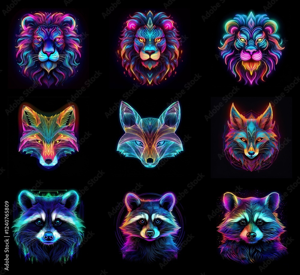 Poster vibrant neon animal portraits: lions, foxes, and raccoons. each creature is depicted in three variat