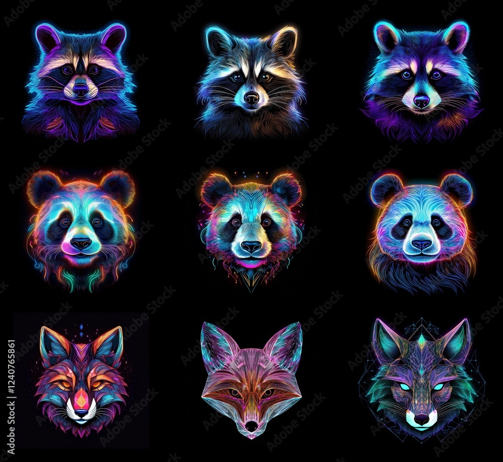 Aufkleber nine vibrant animal portraits: raccoons, pandas, and foxes. each creature is depicted in a neon, geo
