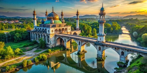 Aerial View: Historic Mosque & Ruined Bridge, Scenic River Landscape