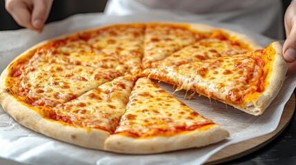 Delicious Cheese Pizza Being Served on a Wooden Board
