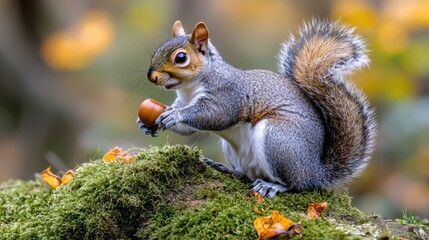 Fototapeta premium A gray squirrel sits on a mossy log, holding an acorn, surrounded by autumn foliage.