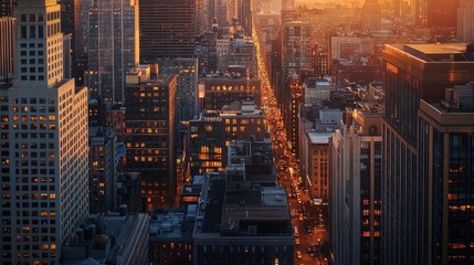 A panoramic view of a bustling cityscape at sunset, with warm golden hues lighting up the urban landscape for a moment of discovery.